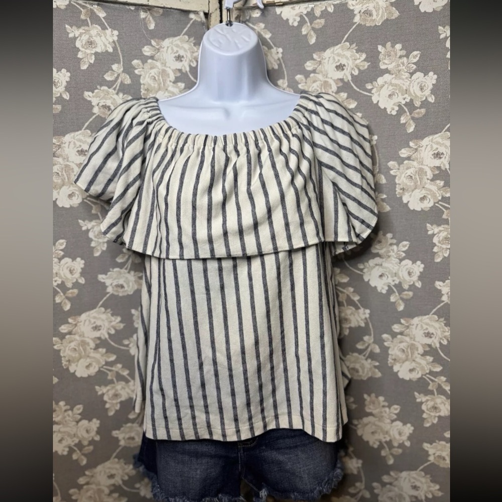 Banana Republic Size Medium On Off Shoulder Ruffle Blue and Off White Stripe Top